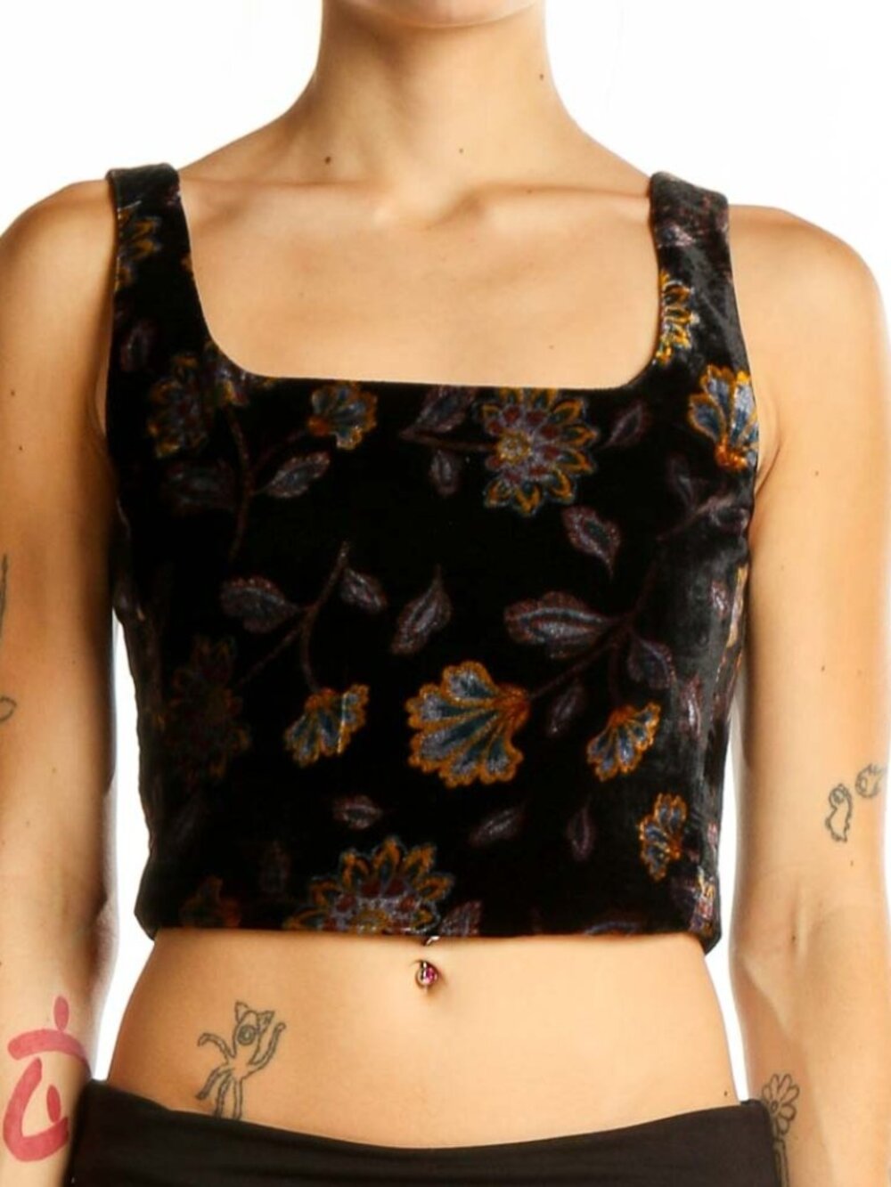Rachel Zoe Black Floral Velvet Crop Top Smocked Back, Size 4